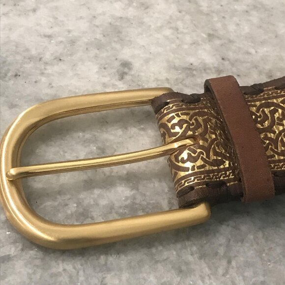 Genuine Tooled Leather Belt Womens Small Brown Gold Embossed Celtic Brass Buckle